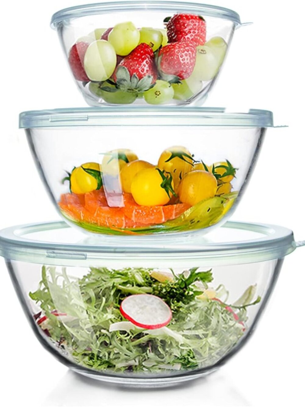 Set of 3 Glass Mixing Bowls with Lids - Nesting Storage for Cooking & Baking